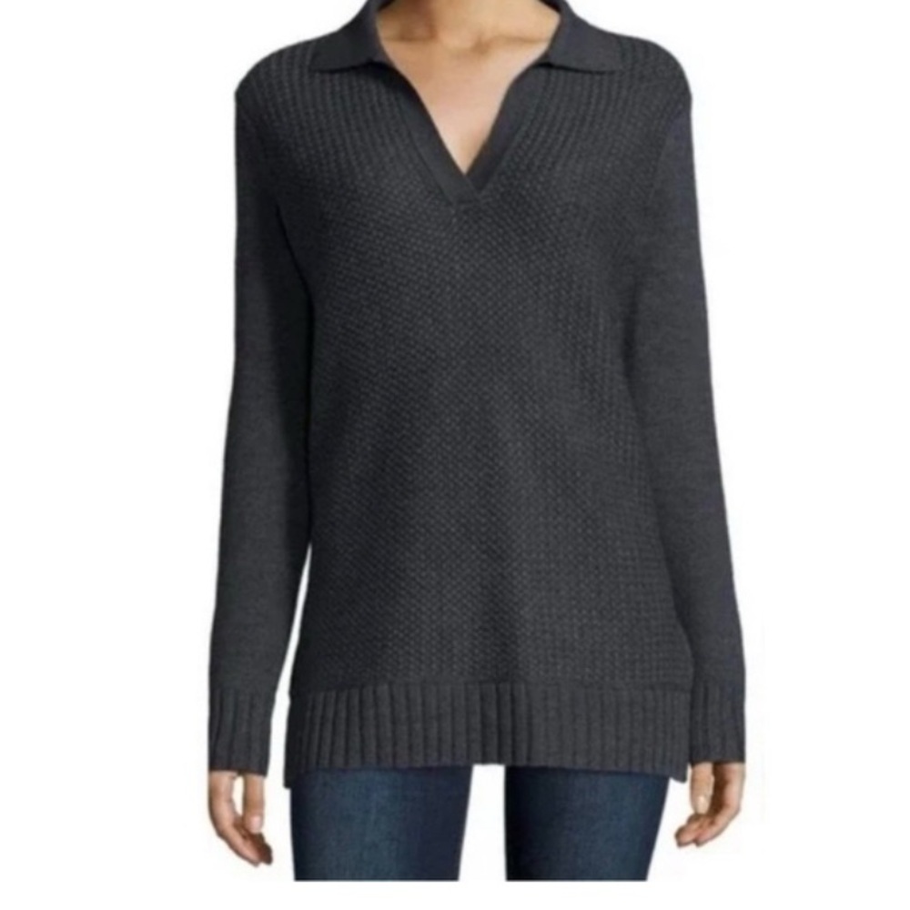 Tory Burch Charcoal Gray Henley Melange Classic Wool Honeycomb Sweater size M